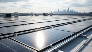 Modern solar panel array on a commercial rooftop with sunlight reflecting across the panels, suggesting advanced 2026 solar technology.