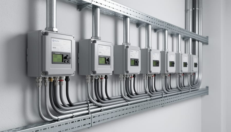 Close-up of solar inverter and conduit on a building exterior, showing clean installation details.