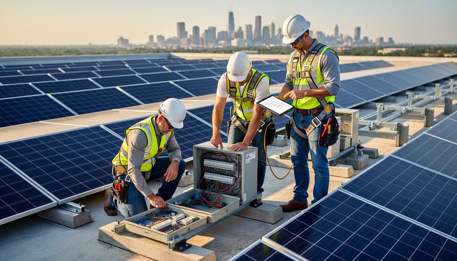 Engineers inspecting a rooftop commercial solar installation with mounting rails and electrical equipment.