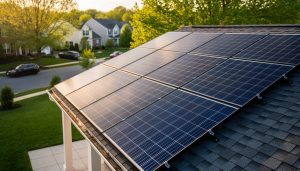 Solar panels installed on a residential roof in Maryland, shown during golden hour with reflections on the array.