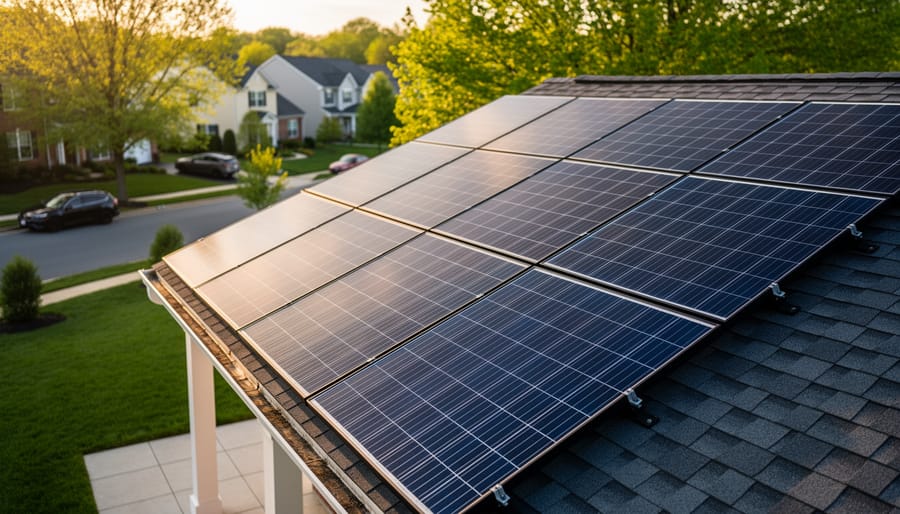 Solar panels installed on a residential roof in Maryland, shown during golden hour with reflections on the array.