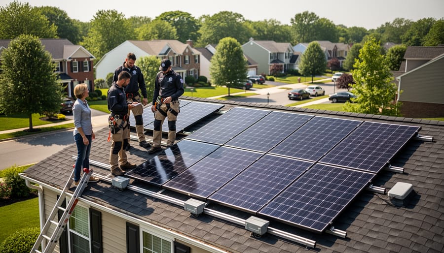 Solar installer team and homeowner standing next to newly installed residential solar panels on a rooftop.