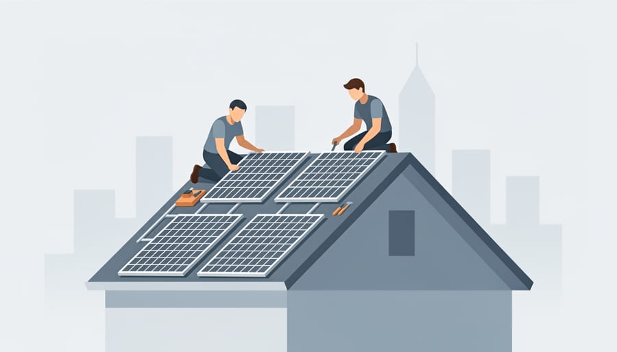Solar installers mounting a solar panel on a rooftop using safety gear