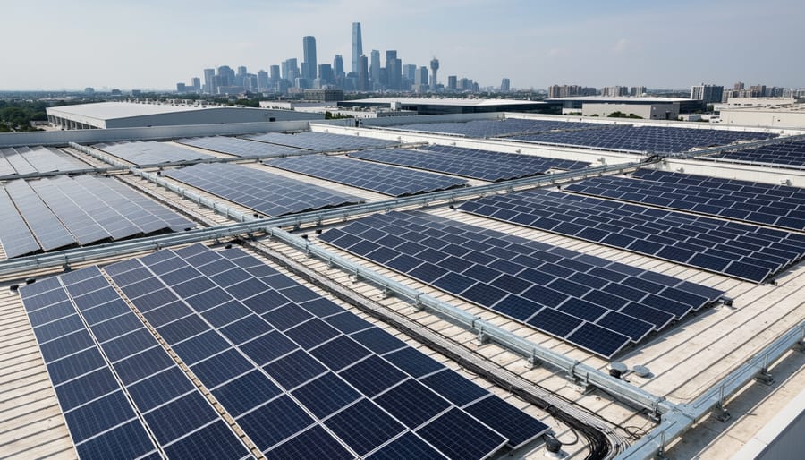 Solar panels on a commercial rooftop with rooftop equipment visible