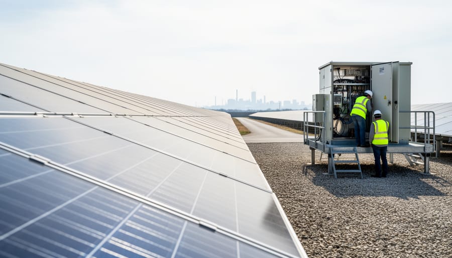 Utility-scale solar panels at a large U.S. solar farm with high-visibility workers inspecting equipment in the foreground under overcast daylight.