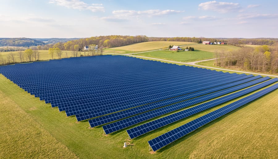 Utility-scale solar farm with rows of solar panels under golden hour sunlight.