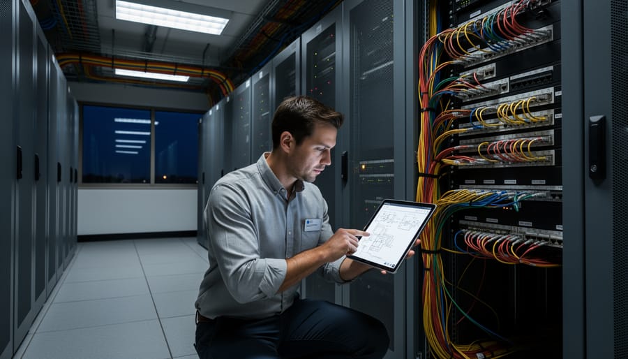 Technician working at night near rooftop solar cabling with portable work light