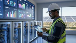 Solar operations technician in a control room with monitoring lights, inverter equipment, and a tablet showing abstract performance visuals.