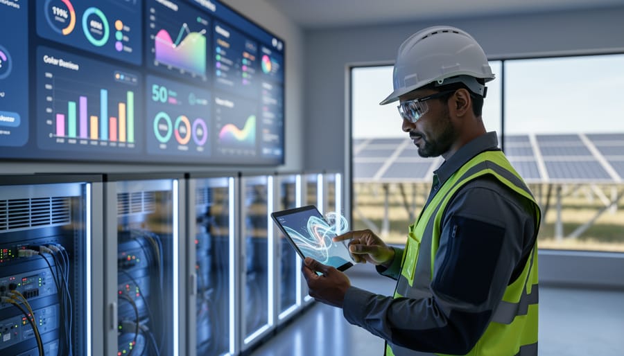 Solar operations technician in a control room with monitoring lights, inverter equipment, and a tablet showing abstract performance visuals.
