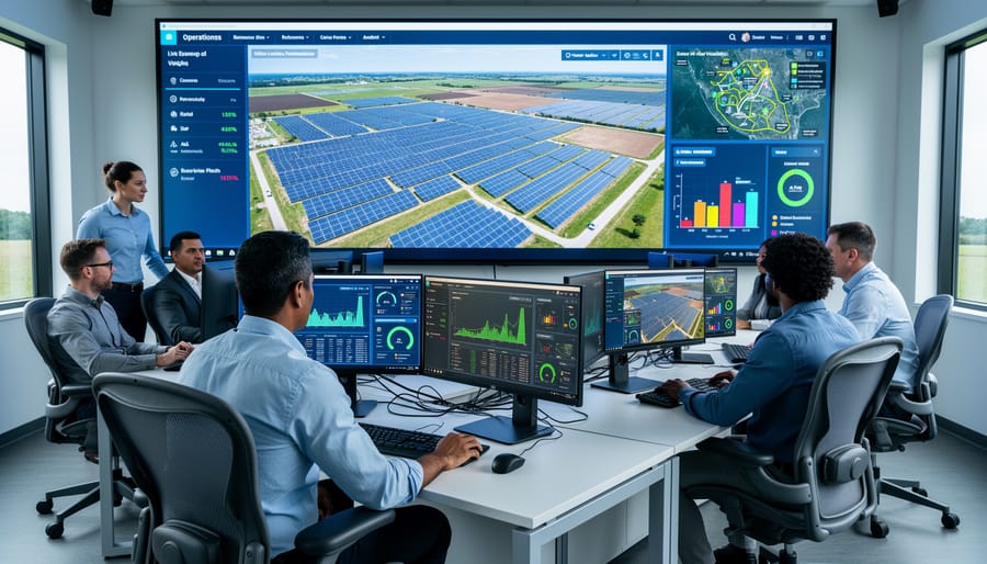Solar asset management team collaborating in a control room with blank display panels