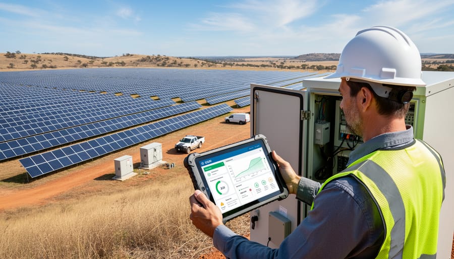 Service ladder and tool bag near a solar farm junction box with solar panel rows at golden hour
