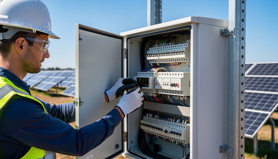 Solar O&M technician inspecting a rooftop inverter cabinet with solar panels in the background