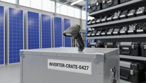 Handheld barcode scanner scanning a solar inverter crate label in a warehouse with solar panels and tools organized in the background.
