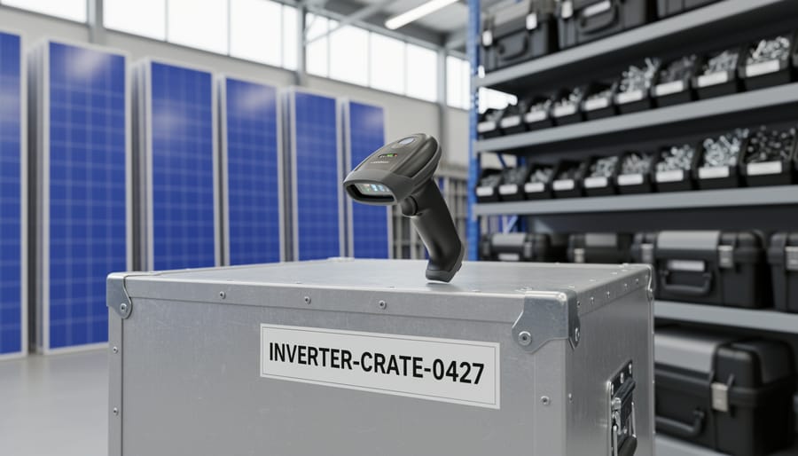 Handheld barcode scanner scanning a solar inverter crate label in a warehouse with solar panels and tools organized in the background.