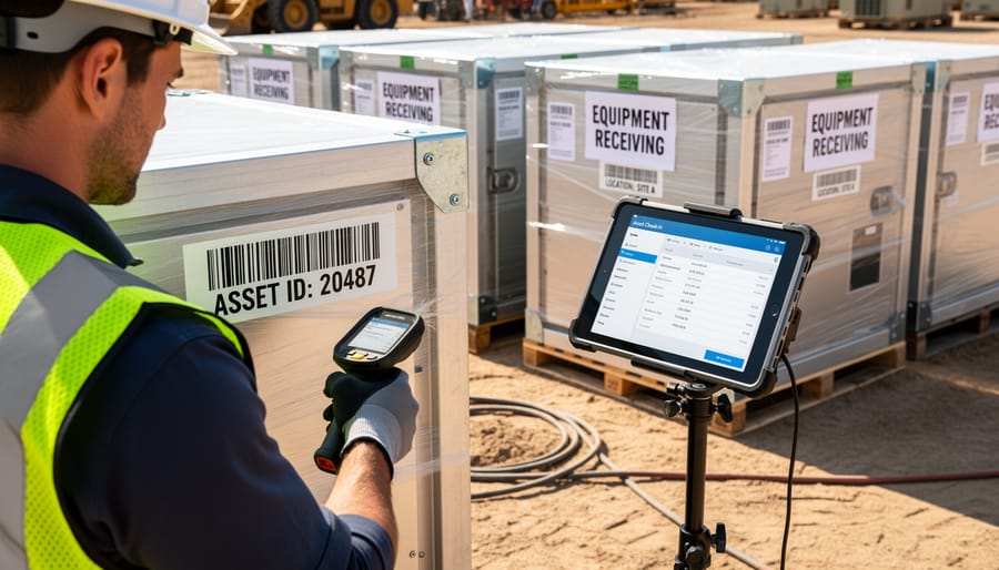 Technician scanning an inverter barcode tag with a smartphone at an outdoor solar installation site
