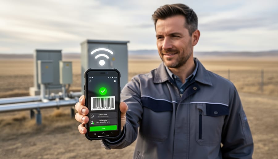 Technician holding a mobile device while standing at a remote solar equipment staging area at golden hour