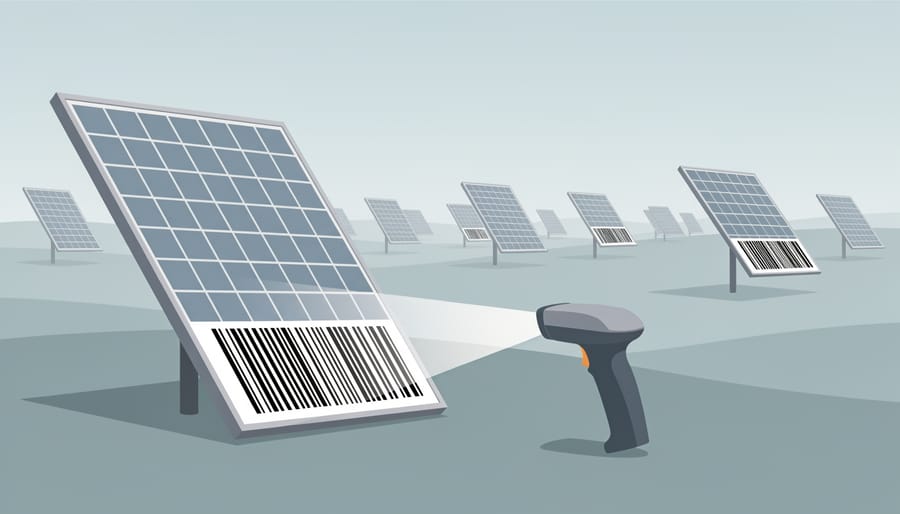 Close-up of a rugged handheld barcode scanner near barcode labels on a solar mounting rail