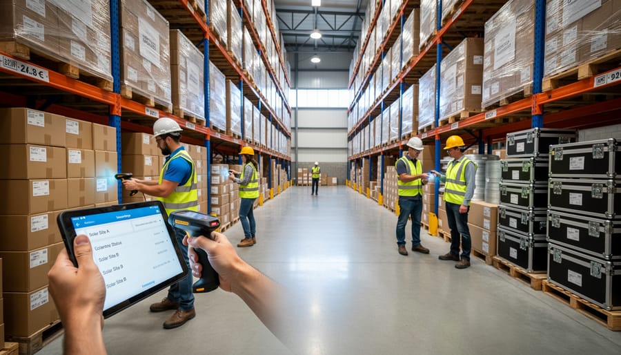 Warehouse worker scanning solar equipment boxes with a handheld barcode scanner in a solar inventory aisle