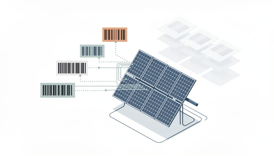 Solar components and barcode labels arranged on a workbench illustrating standardized asset tracking