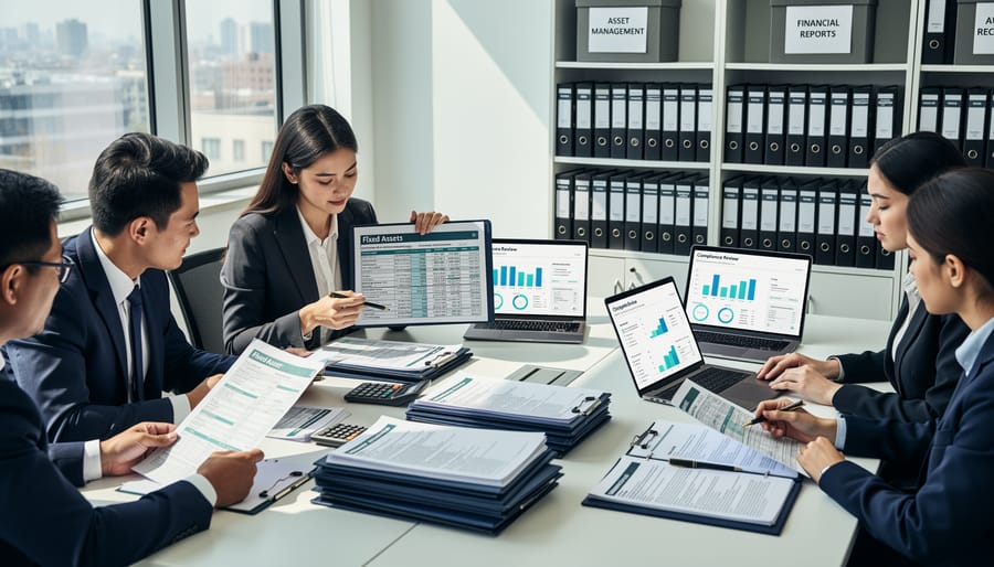 Accounting and operations professionals reviewing solar financial records in a modern office with solar farm visible through windows.