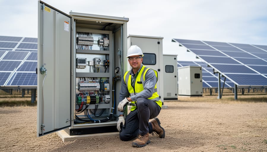 Solar technician inspecting a battery storage and equipment rack at a utility-scale solar farm with photovoltaic panels in view.