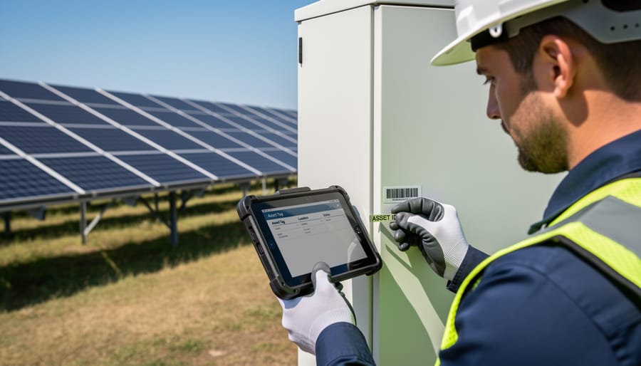 Technician hands applying barcode asset tags to a solar panel frame in a warehouse setting.