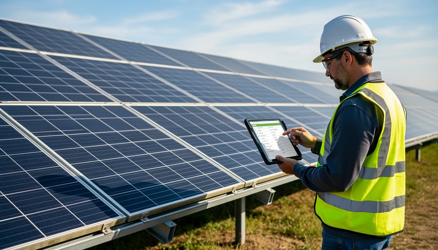Solar technician performing maintenance inspection near the base of a solar mounting system at a solar farm.