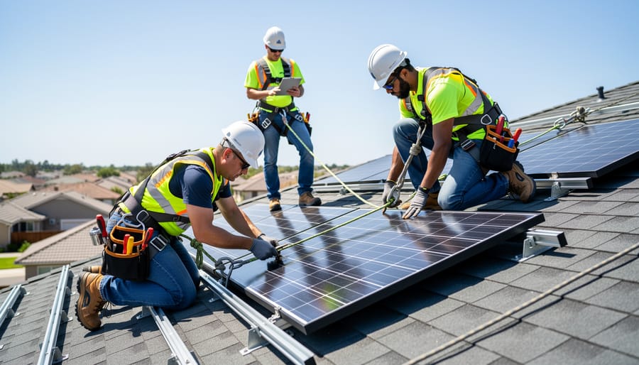 Solar installers wearing fall-protection harnesses on a residential roof near solar panels