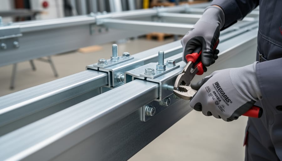 Close-up of solar mounting hardware being tightened by gloved hands on a roof