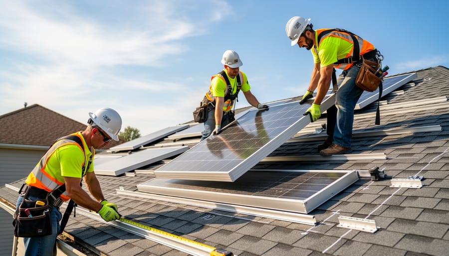 Solar panel being lifted into place on a roof with installers coordinating safely