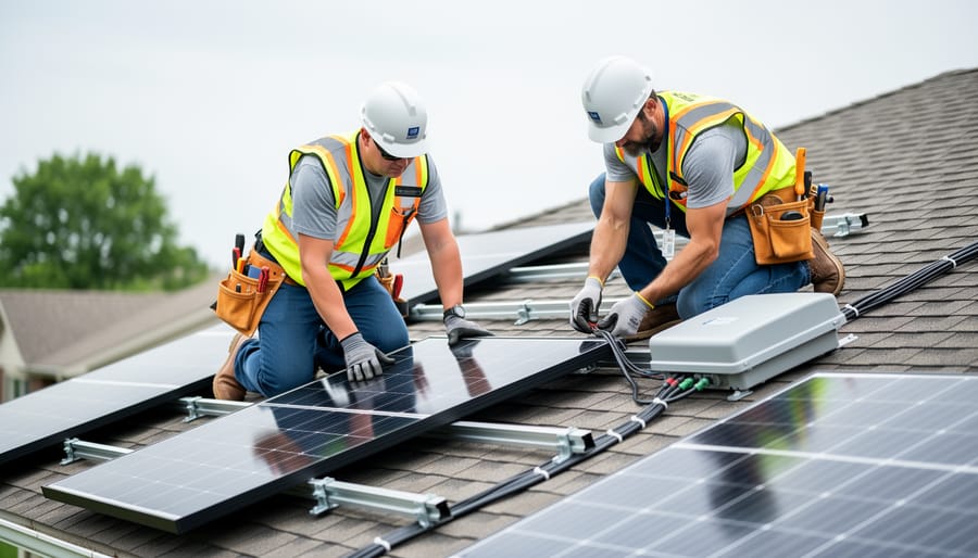 Technicians installing and fastening solar panels on a residential roof with mounting rails and inverter equipment visible nearby.